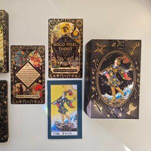 Black Rider-Waite Tarot Deck, Waterproof Black Gold Foil with Storage Box